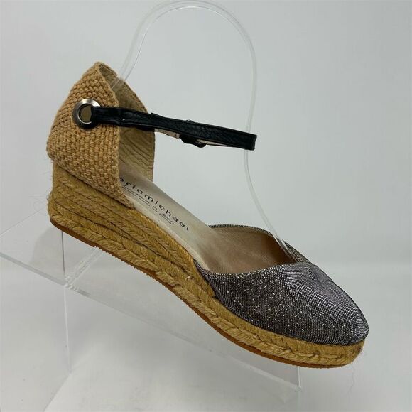 Eric Michael Silver Espadrille Ankle Strap Wedge Sandals Size 37 Summer Casual - Picture 3 of 13